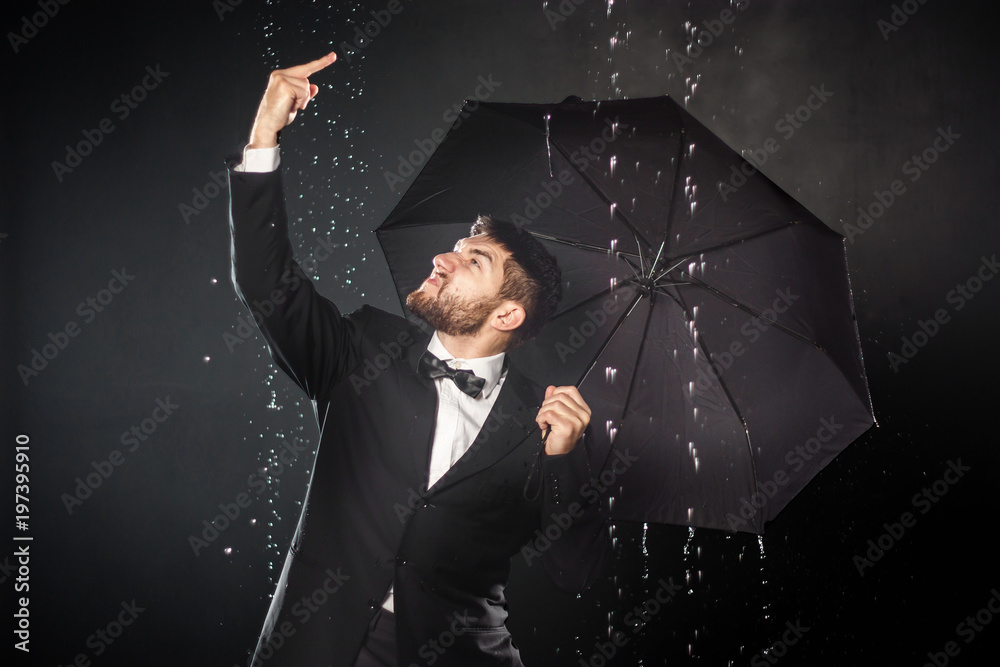 Angry Furious Businessman Holding Umbrella Wearing Black Suit And angry-furious-businessman-holding-umbrella-wearing-black-suit-and