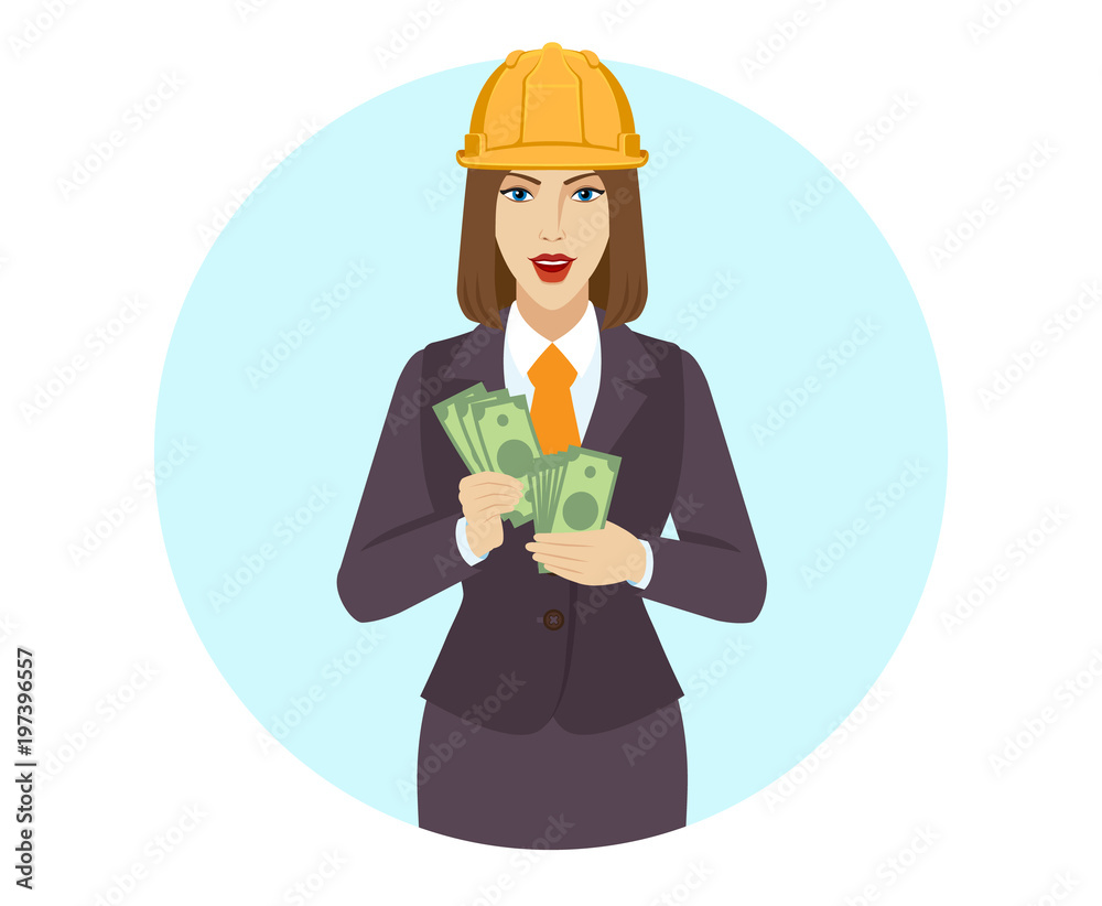 Obraz premium Businesswoman in construction helmet counting money