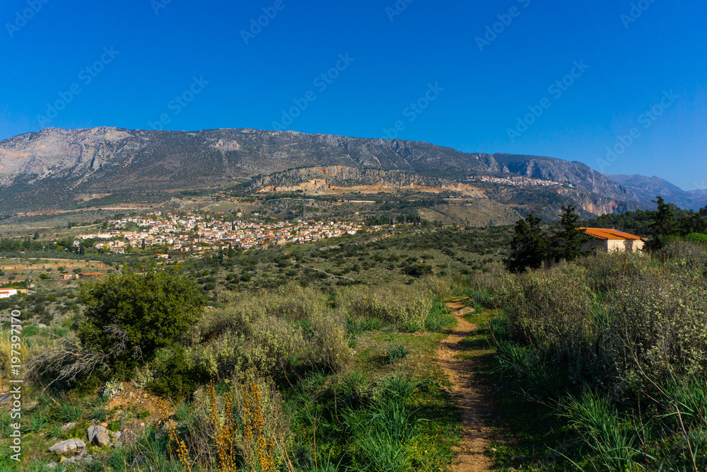 Fototapeta premium Chrisso is a village near Delphi in Greece. The traditional village is located north of the ancient town of Crissa, a powerful city-state of ancient Greece which gave its name to the Crissaean plain