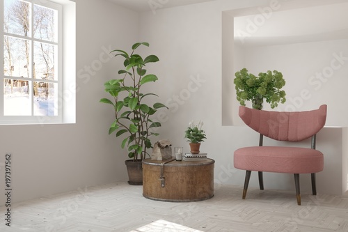 Fototapeta Naklejka Na Ścianę i Meble -  White room with armchair and winter landscape in window. Scandinavian interior design. 3D illustration