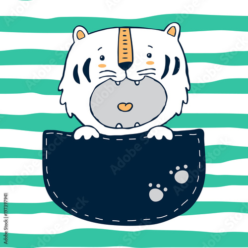 Fototapeta Naklejka Na Ścianę i Meble -  Vector funny baby tiger in big pocket with paws