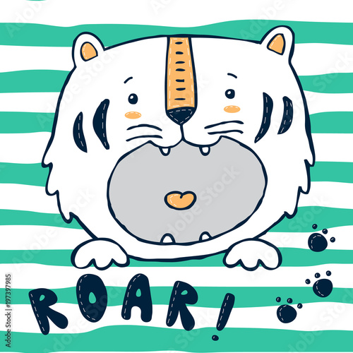 Fototapeta Naklejka Na Ścianę i Meble -  Vector funny baby tiger in big pocket with paws