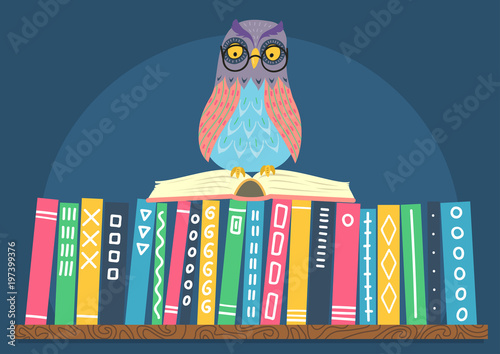 Owl sitting on open book on books shelf. Hand drawn vector illustration.