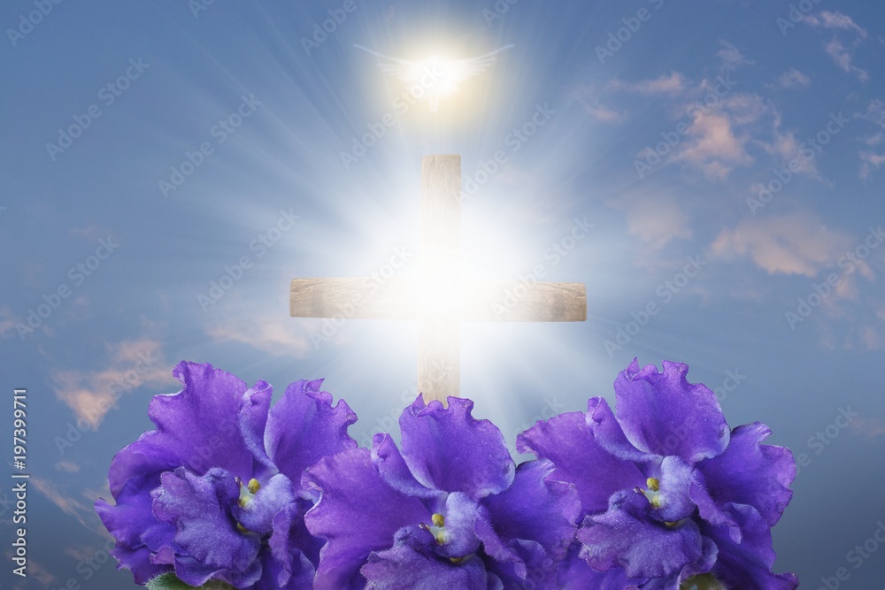 Cross . The Light of Christ Crucifix . Light of God . Light from sky . Cross on the top of the hill