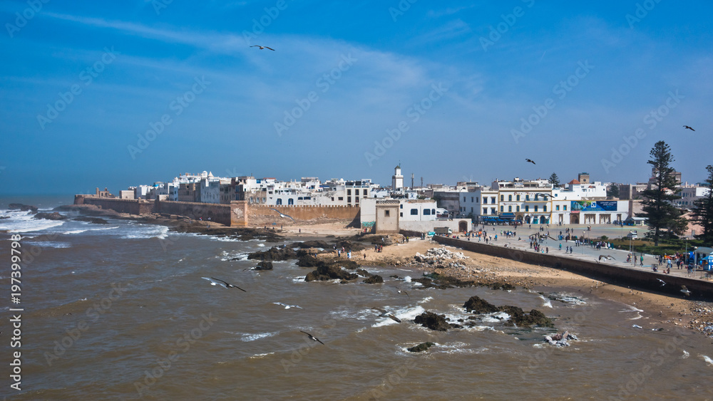 Essaouira aerial panoramic cityscape view of old city at the coast of Atlantic ocean in Morocco, North Africa