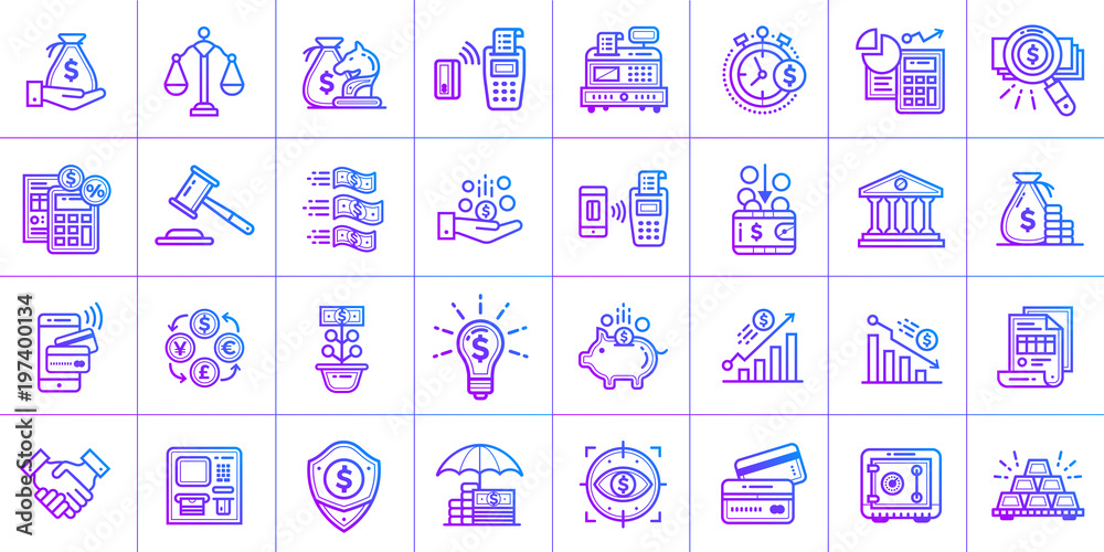 Outline gradient icon set of finance. Material design icon suitable for print, website and presentation Outline gradient icon set of finance. Material design icon suitable for print, website and presentation