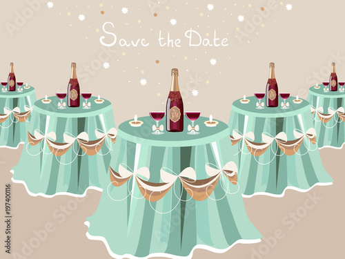 Wedding invitation  table with champagne  restaurant hall  celebrate card  vector design. Party illustration.