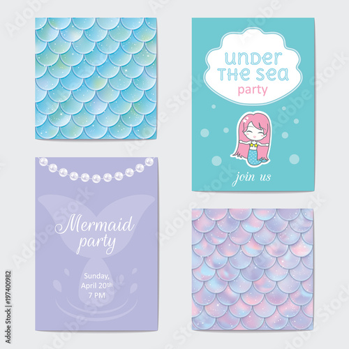 Party invitation. Holographic fish or mermaid scales, pearls and frame. Vector illustration
