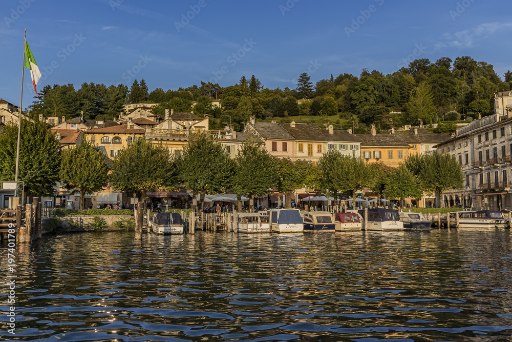 View of Piazza Motta in Orta San Giulio from a Taxi boat, Lake Orta, Piedmont, Italy