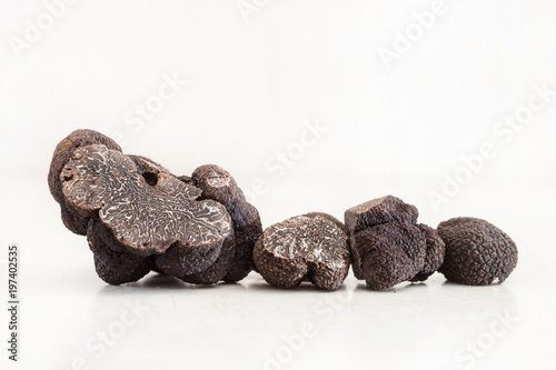Tuber melanosporum, black truffle on the white background.