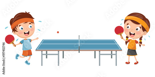 Vector Illustration Of Kids Playing Table Tennis
