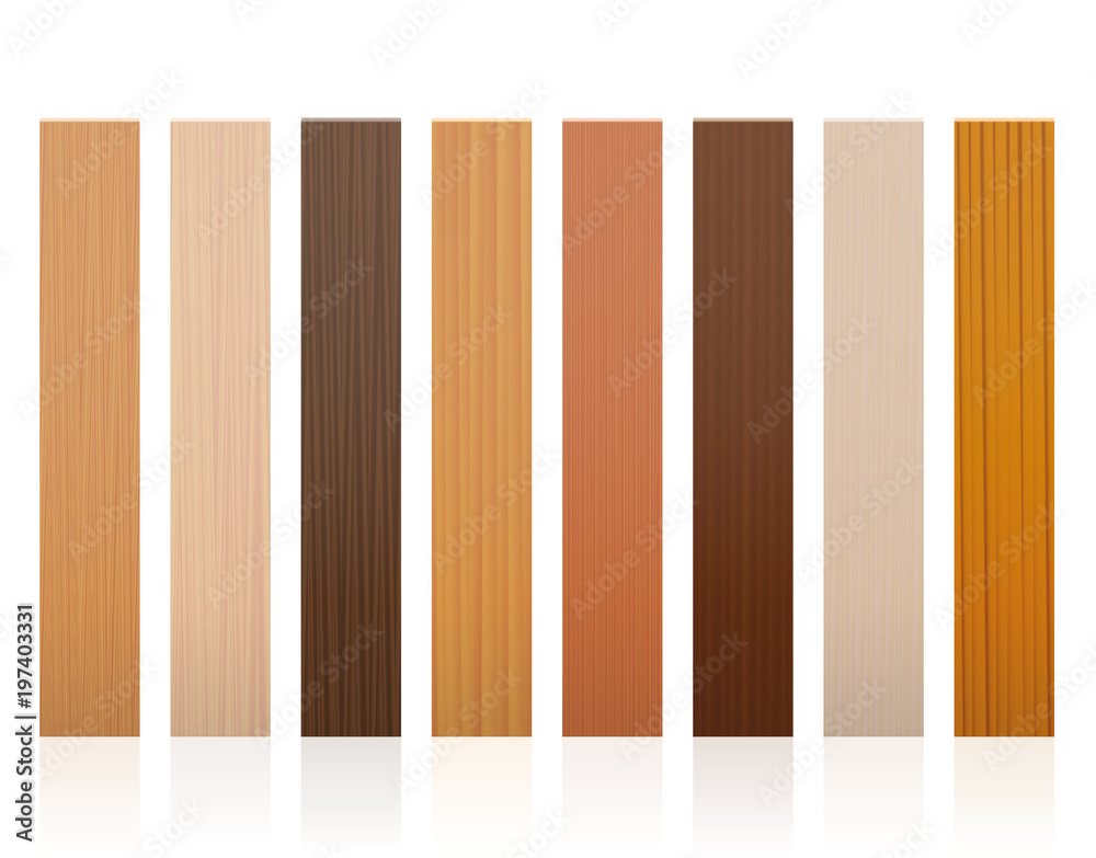 Obraz premium Wooden slats. Collection of wood boards, different colors, glazes, textures from various trees to choose - brown, dark, gray, light, red, yellow, orange decor models - vector on white background.