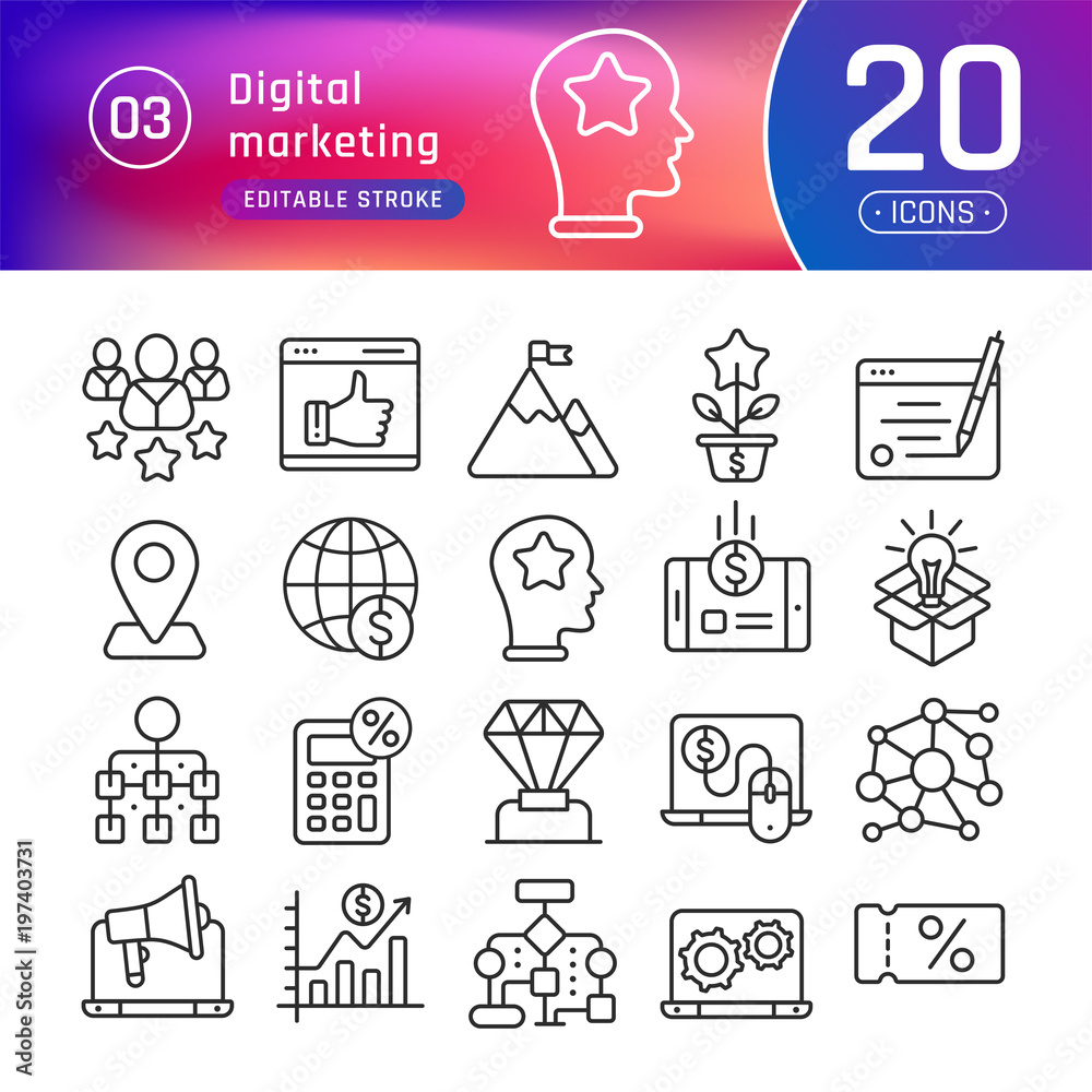 Digital marketing line icons set. Suitable for banner, mobile application, website. Editable stroke Digital marketing line icons set. Suitable for banner, mobile application, website. Editable stroke