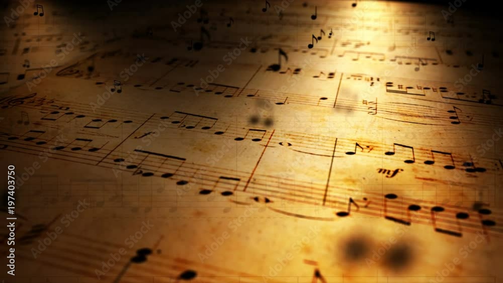 Atmospheric music background with notes on old brown paper
