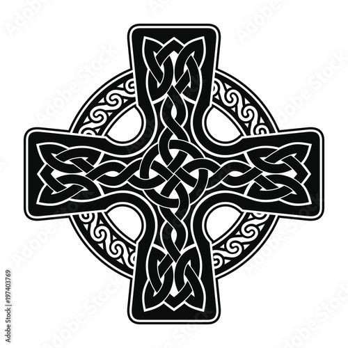 Celtic cross with national ornament as interlaced ribbon isolated on white background.
