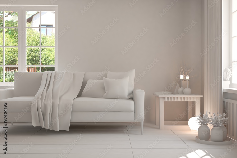 Fototapeta premium White room with sofa and green landscape in window. Scandinavian interior design. 3D illustration