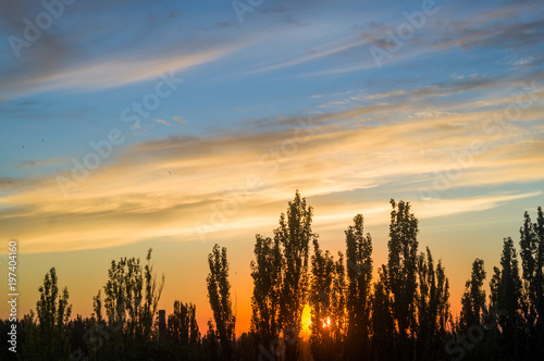 Landscape with dramatic light - beautiful golden sunset with saturated sky and clouds.