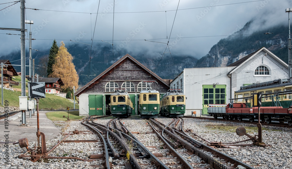 Swiss mountain trains parked in station near Grindelwald Swiss mountain trains parked in station near Grindelwald
