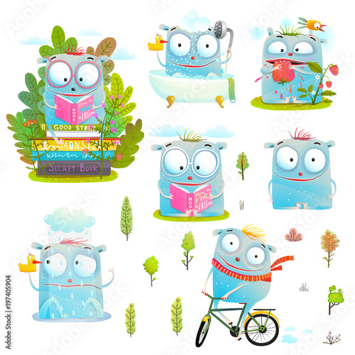 Reading cycling studying eating little monsters clip art. Vector illustration.