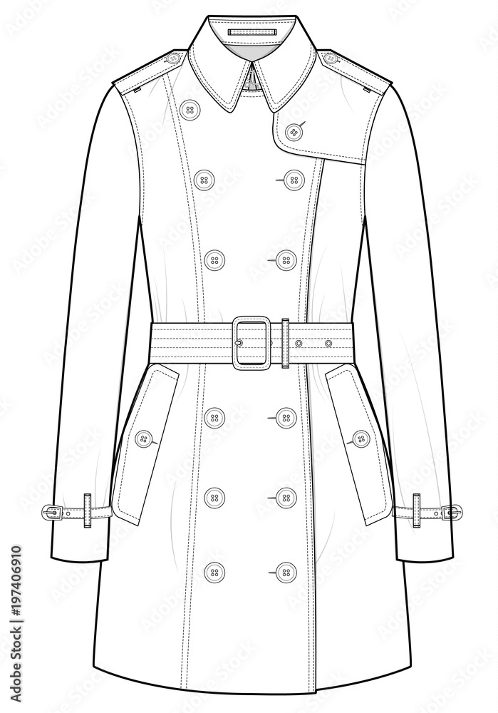 BURBERRY Coat fashion flat technical drawing template Stock Vector ...