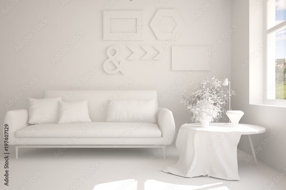 White room with sofa. Scandinavian interior design. 3D illustration White room with sofa. Scandinavian interior design. 3D illustration