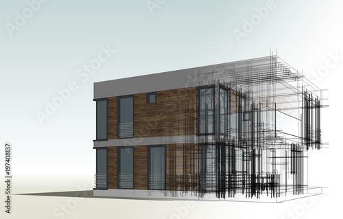 Modern house building architectural sketch. 3d illustration