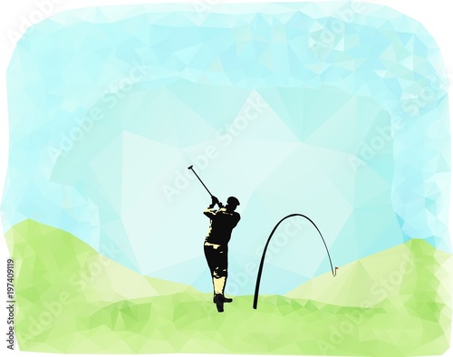 Silhouette of golf player standing on the green triangular low polygonal field under the blue sky. Ball is flying to the hole on the hill.