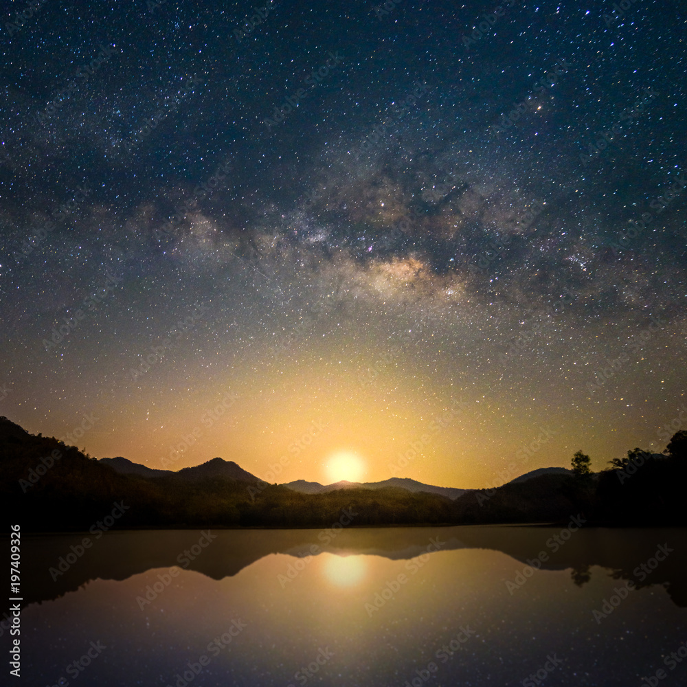 Beautiful Milky Way Reflection on Lake in morning with first light of sunrise, Chiang mai , Thailand