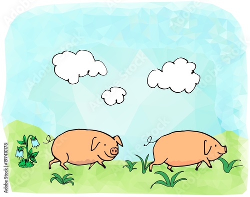 Two pigs walking on the grassy lawn. Vector handwork doodles drawing against the low polygonal triangular green gradient background.
