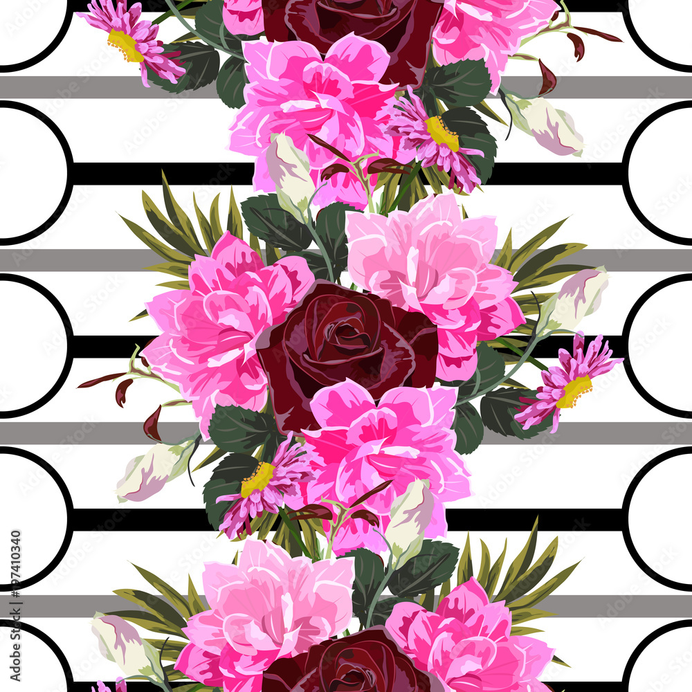 Obraz premium Seamless background with cute pink flowers and burgundy roses. Design for cloth, wallpaper, gift wrapping. Print for silk, calico and home textiles.Vintage natural pattern