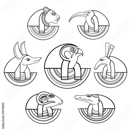 Vector Set of Black Isolated Contour Silhouettes. Gods of ancient Egypt