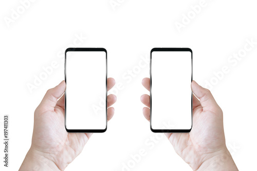 Men holding two smartphone devices with isolated white screen. White background