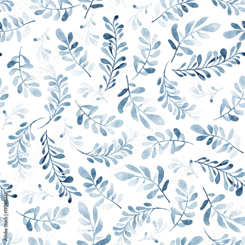 Watercolor seamless pattern of blue branches isolated on white background. Winter mood. Floral background for fabric, wallpapers, gift wrapping paper, scrapbooking.