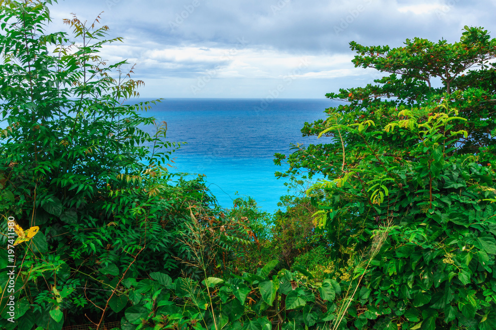 enchanting natural wild landscape with rocky mountains overgrown dense green jungle tree, palm and clear azure water of sea ocean