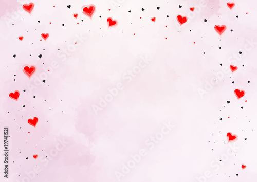 Herzregen - rote und schwarze Herzchen auf rotrosa Aquarellfond 