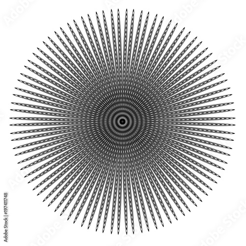 Fototapeta Naklejka Na Ścianę i Meble -  Abstract black and white striped round object. Geometric pattern with visual distortion effect. Illusion of rotation. Op art. Isolated on white background.