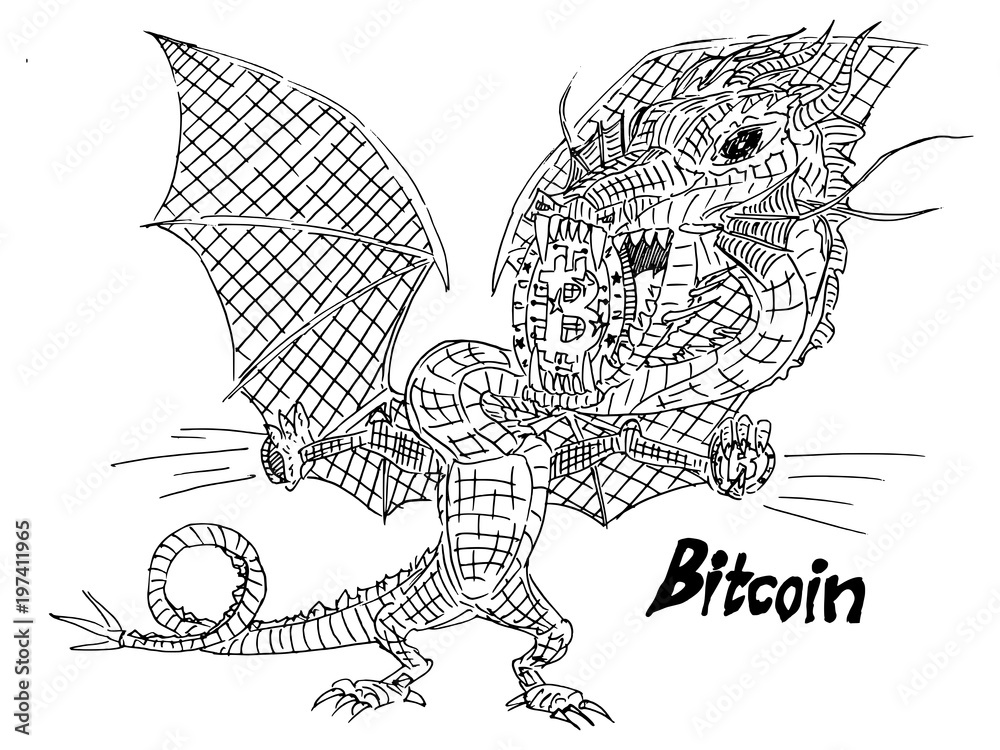 Fototapeta premium sketch dragon with a coin of crypto currency in the teeth