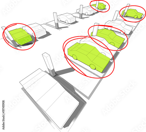 green electrocars hand drawn highlighted with red pen parking in underground parking garage or car park among normal white cars