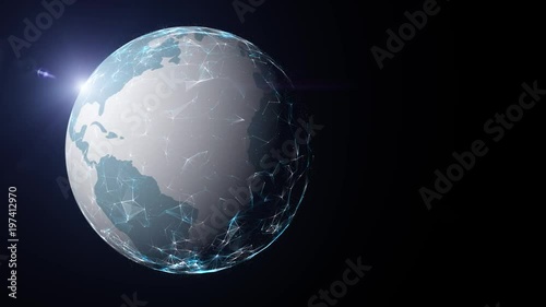 Artstic lines and dots motion on roatating shiny Earth sphere animation. View from space.  photo