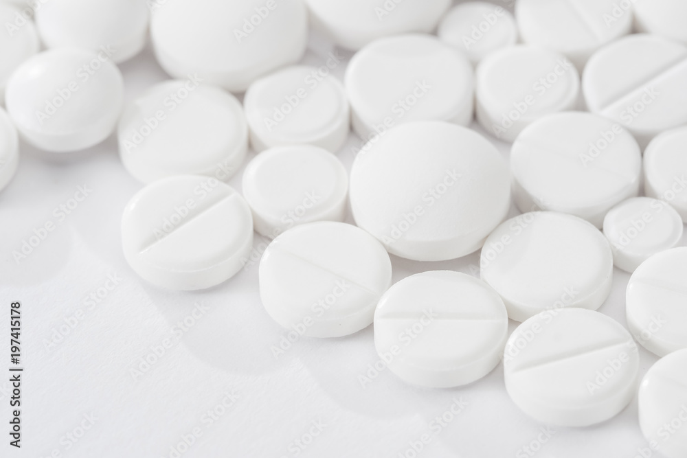 white pills and tablets capsule isolated on white background