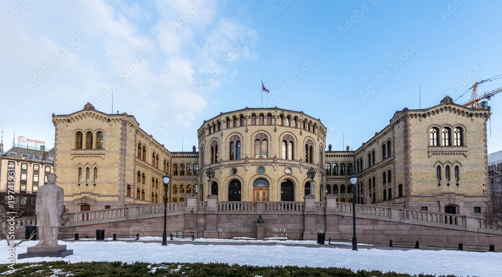 Oslo, Norway - march 16, 2018: Exterior of the Parliament of Norway in Oslo, Norway. panorama