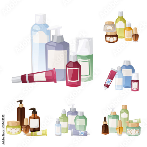 Bottles of cosmetic cosmetology lotion makeup beauty plastic liquid cream container fluid pack vector illustration.