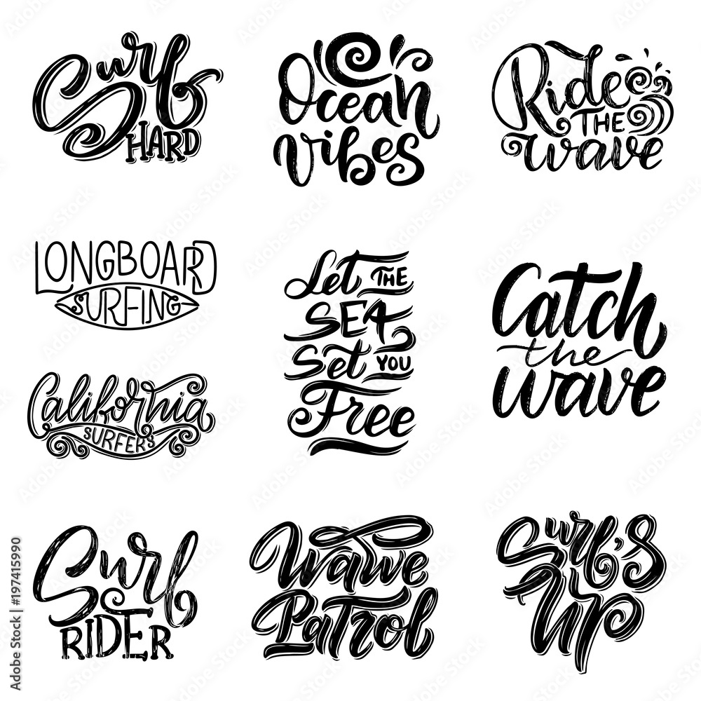 Set of Surf lettering quotes for posters, prints, cards. Surfing related textile design. Vintage illustration.