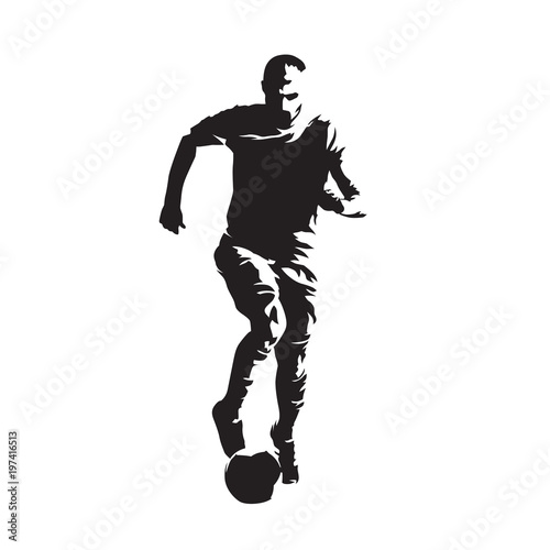 Soccer player running with ball, isolated vector silhouette, front view