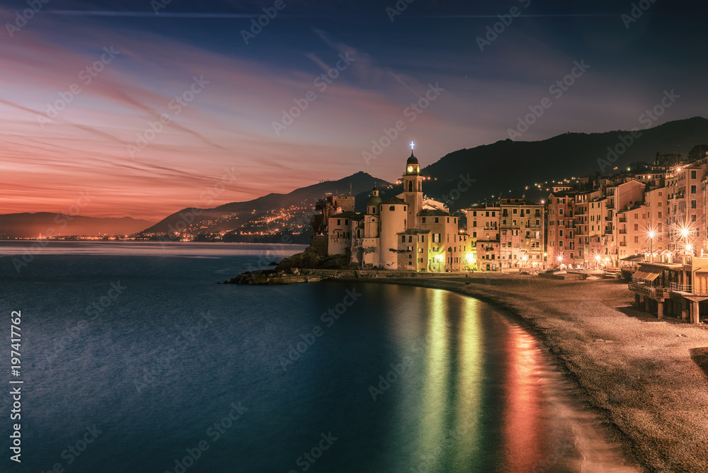 Beautiful Small Mediterranean City after sunset with colorful illumination - Camogli, Italy, European travel