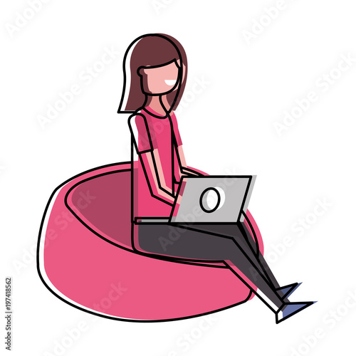 young smiling woman sitting working with laptop on bean bag vector illustration