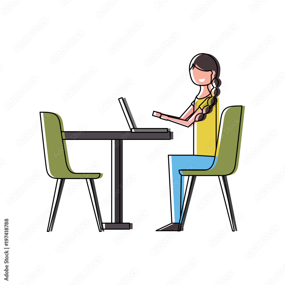 cute woman sitting in the chair typing laptop on table vector illustration