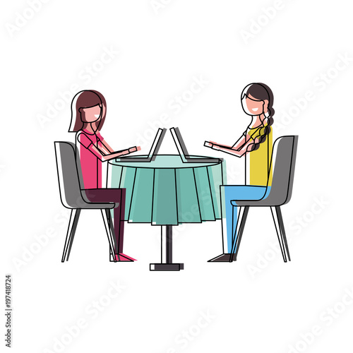 girls people sitting at the table using laptop vector illustration