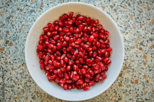 Pomegranate seeds close up, shelled pomegranate , the view from the top