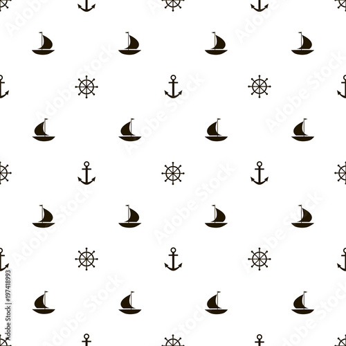 Marine seamless pattern with a ship, an anchor and a steering wheel. Vector.